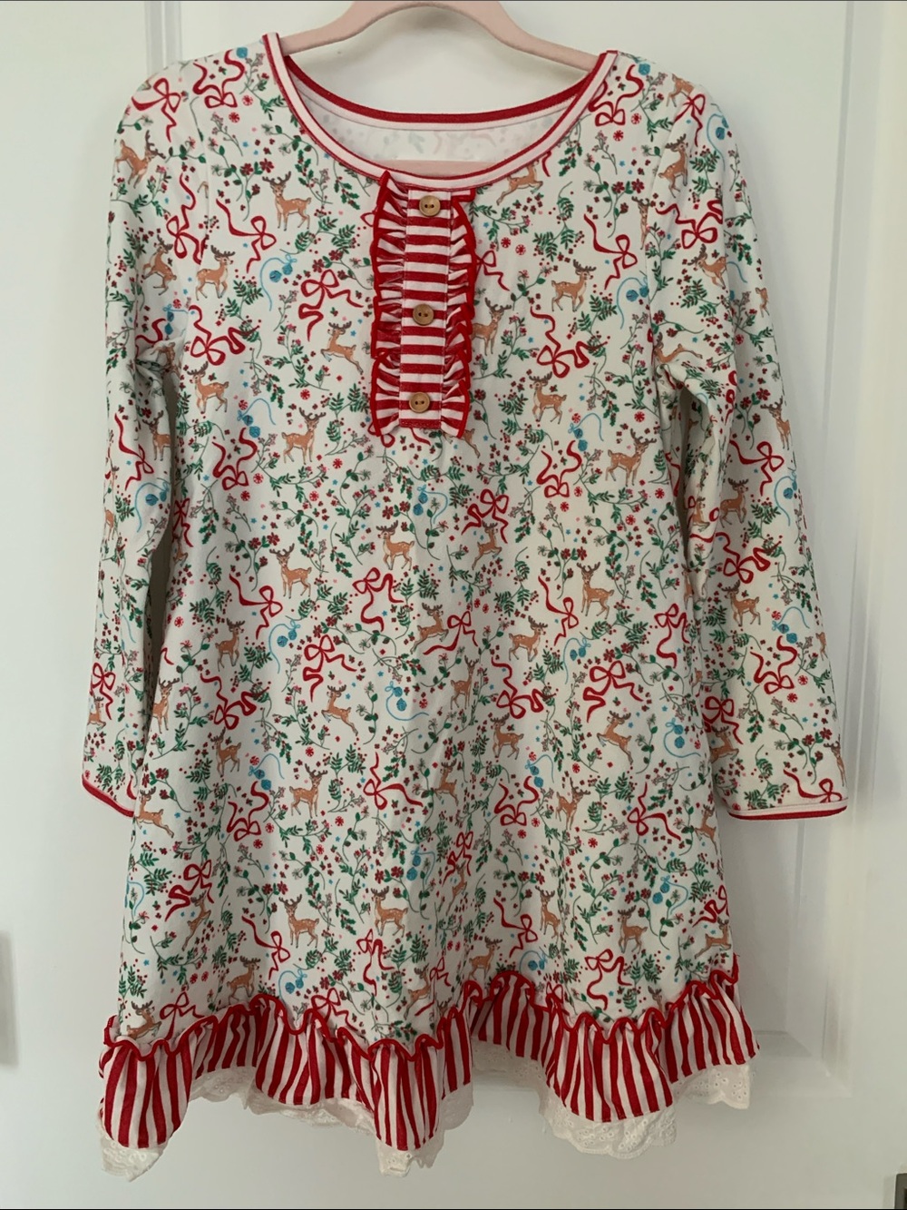 SweetHoney White Holiday Reindeer Nightgown with Red Trim